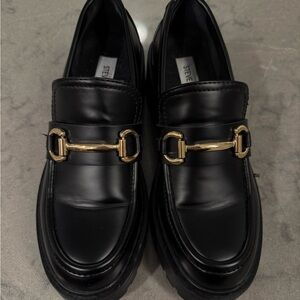 Steve Madden Black Loafers with Gold Buckle